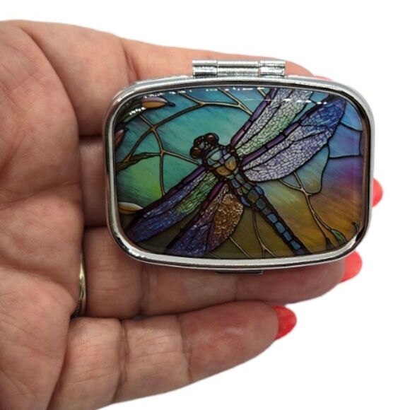 Dragonfly Pill Box Silver Medicine Mini Tin Case Mirrored Travel Purse Size Duo - Picture 5 of 7